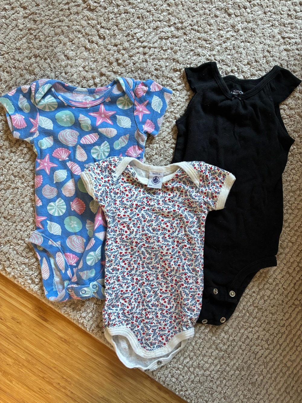 3-Pack Baby Onesies - Blue Seashell, Floral, and Black
